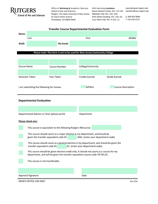 Transfer Course Departmental Evaluation Form screenshot