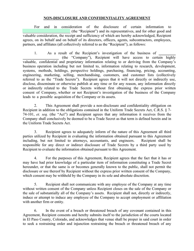 Non Disclosure And Confidentiality Agreement screenshot