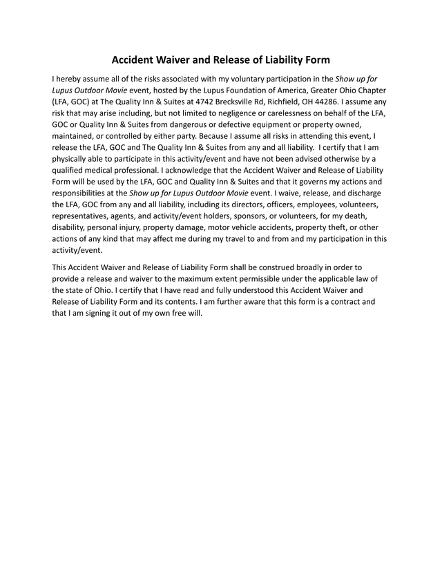 Accident Waiver And Release Of Liability Form screenshot