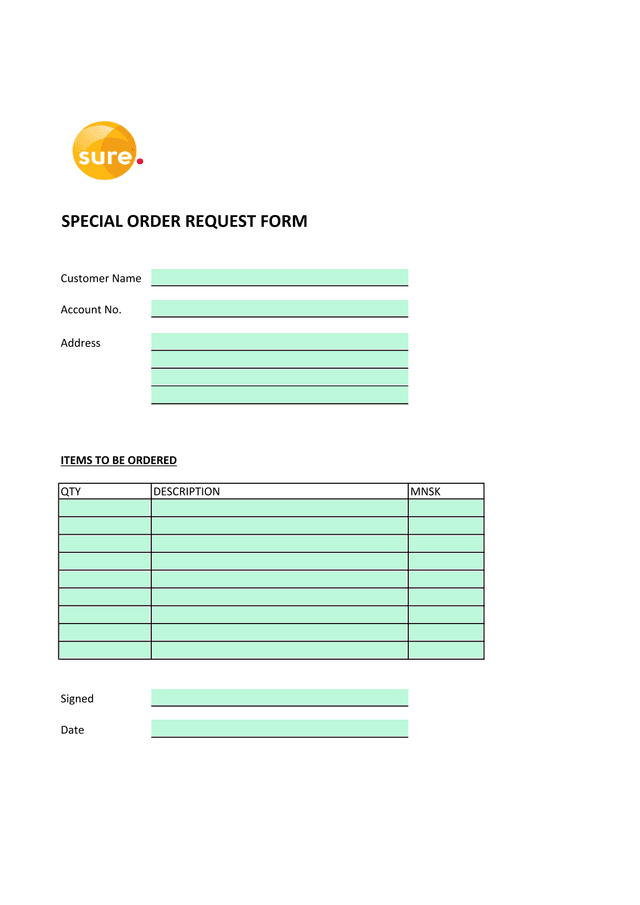SPECIAL ORDER REQUEST FORM screenshot