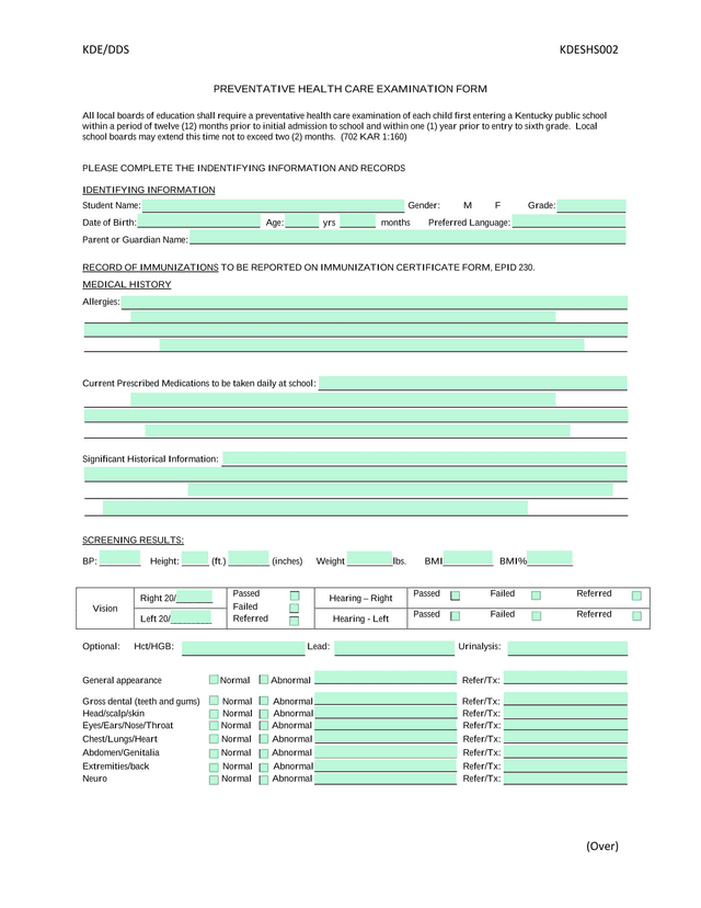 PREVENTATIVE HEALTH CARE EXAMINATION FORM screenshot