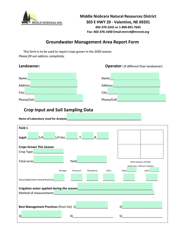 Groundwater Management Area Report Form screenshot
