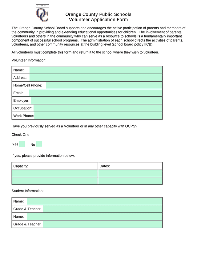 Orange County Public Schools Volunteer Application Form screenshot