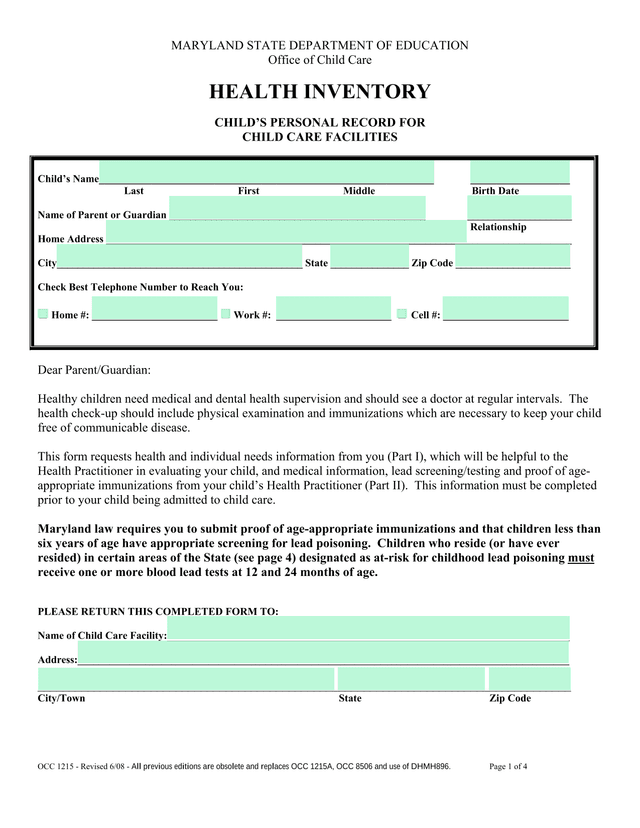 Health Inventory ChildS Personal Record For Child Care Facilities screenshot