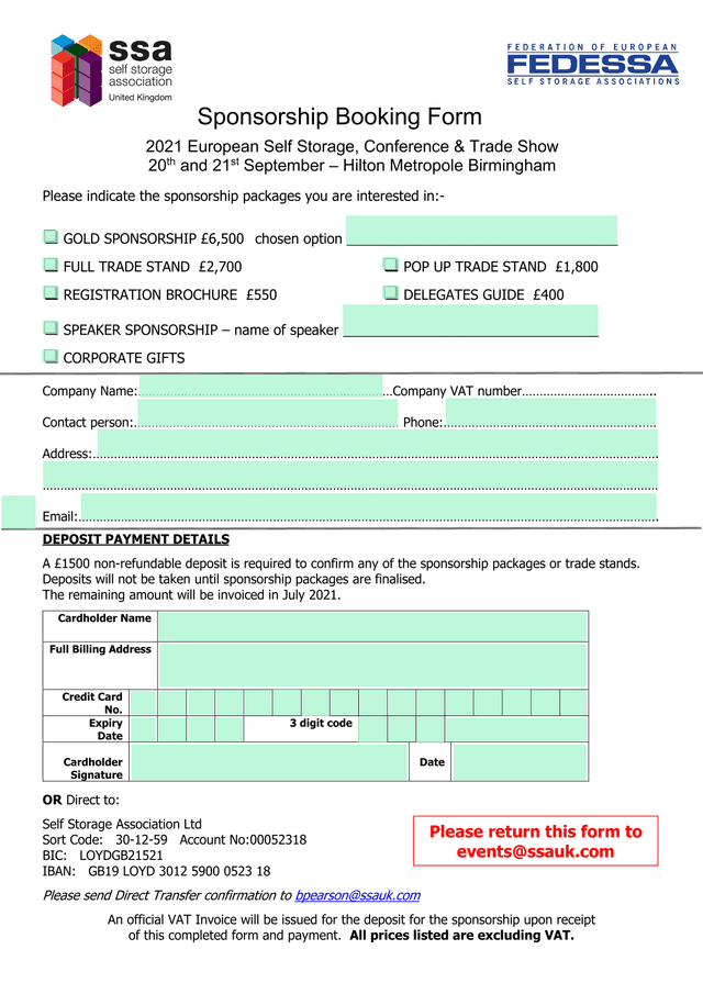 Sponsorship Booking Form 2021 European Self Storage Conference  Trade Show screenshot