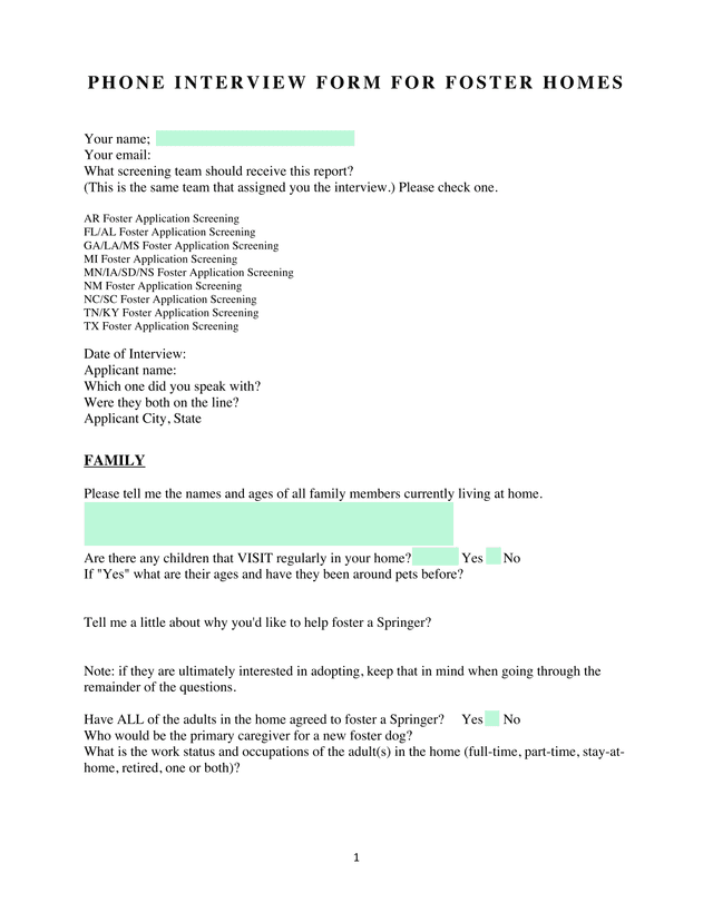 Phone Interview Form For Foster Homes screenshot