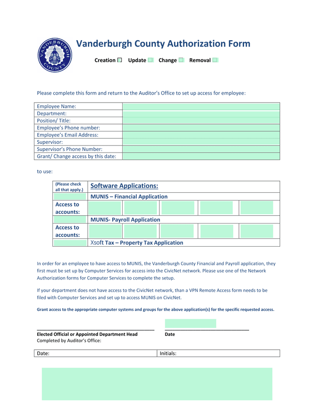 Vanderburgh County Authorization Form screenshot
