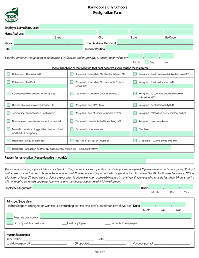 Kannapolis City Schools Resignation Form screenshot