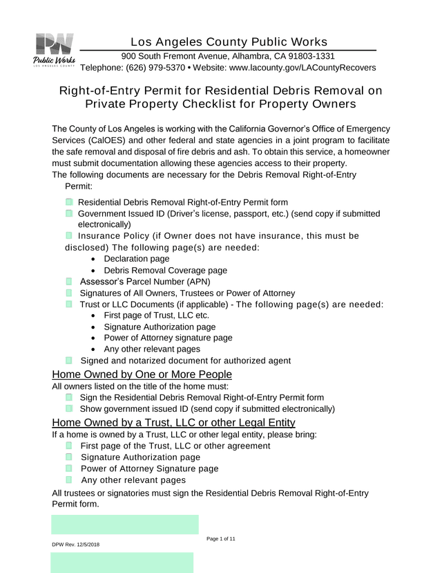 Right Of Entry Permit For Residential Debris Removal On Private Property Checklist For Property Owne screenshot