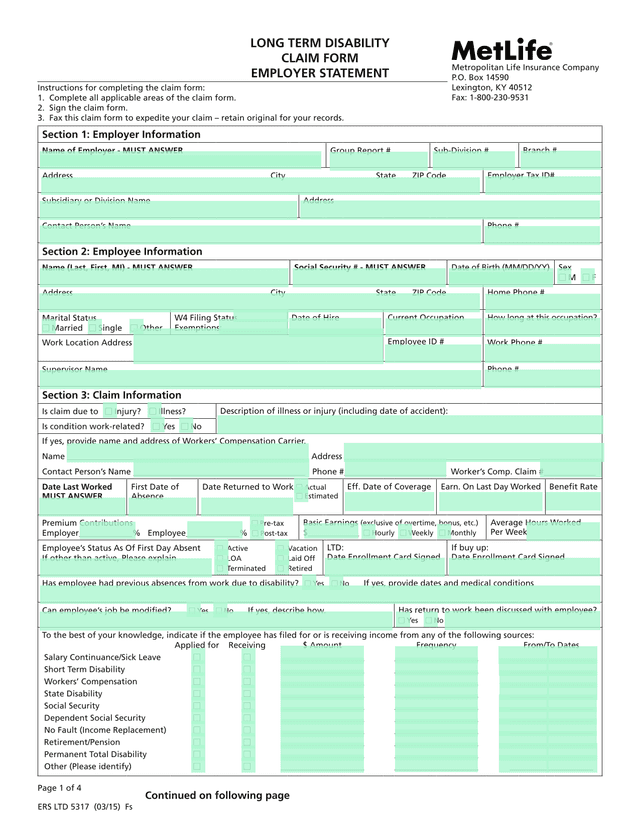 Long Term Disability Claim Form   Employer Statement screenshot