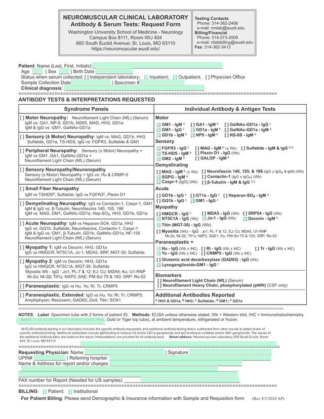 Antibody  Serum Tests Request Form screenshot