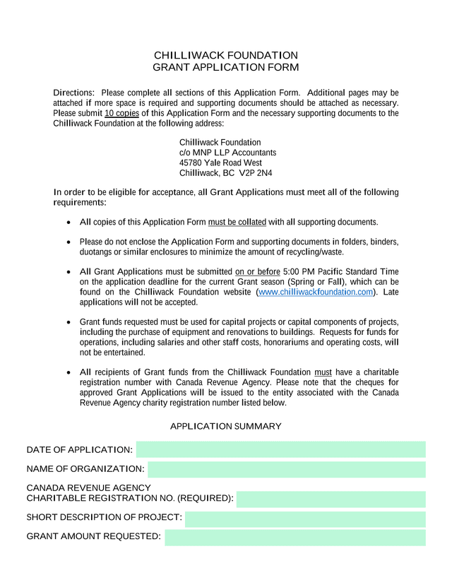 Chilliwack Foundation Grant Application Form screenshot
