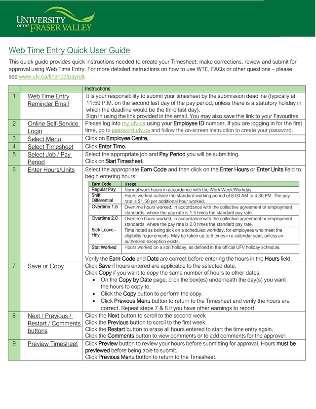 Web Time Entry Quick User Guide screenshot