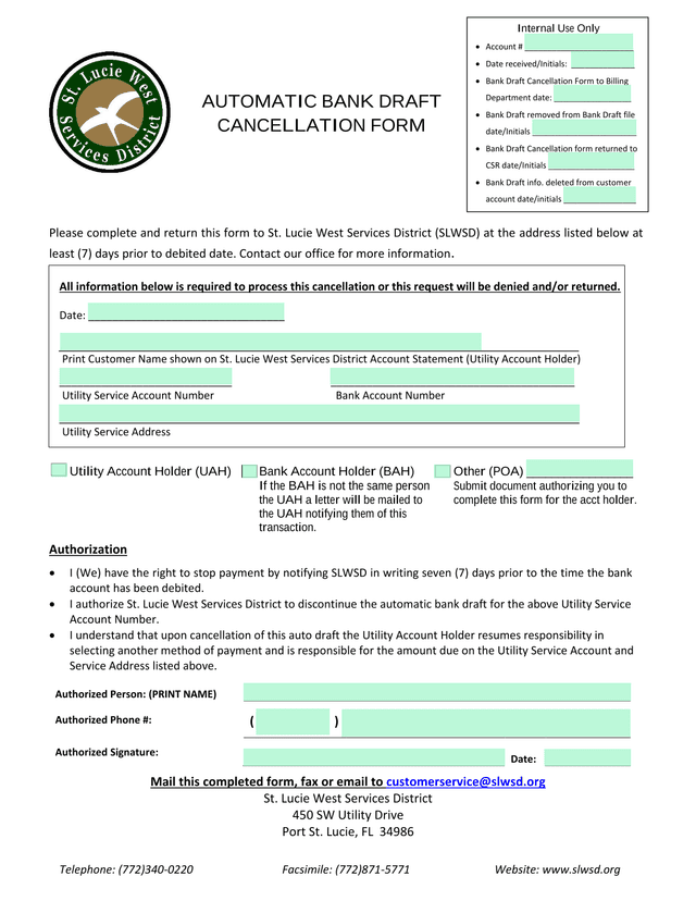 Automatic Bank Draft Cancellation Form screenshot