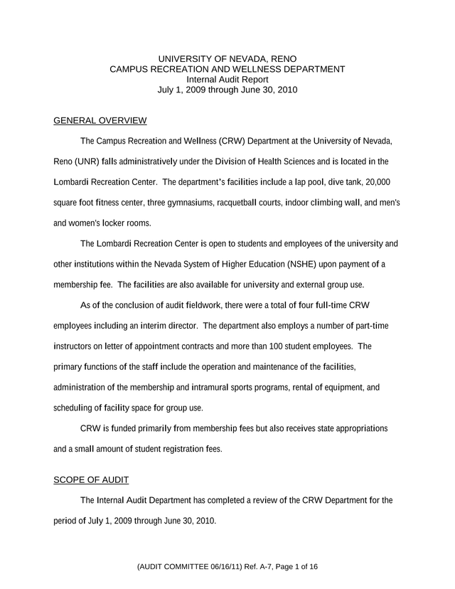 University Of Nevada, Reno Campus Recreation And Wellness Department Internal Audit Report screenshot