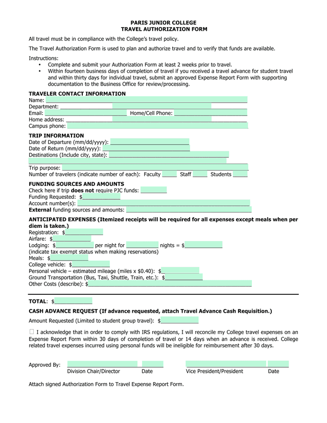 PARIS JUNIOR COLLEGE TRAVEL AUTHORIZATION FORM screenshot