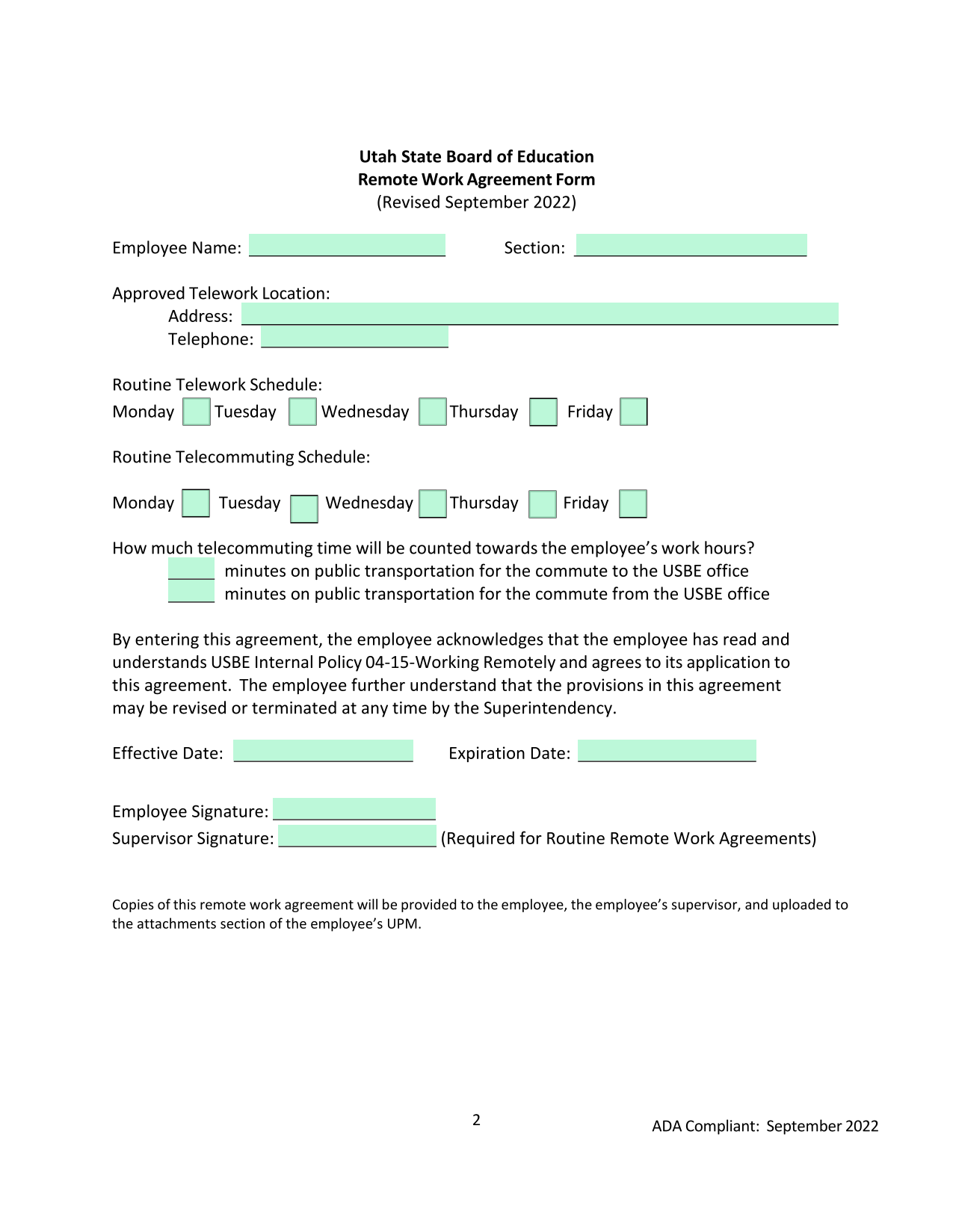Utah State Board Of Education Remote Work Agreement Form screenshot