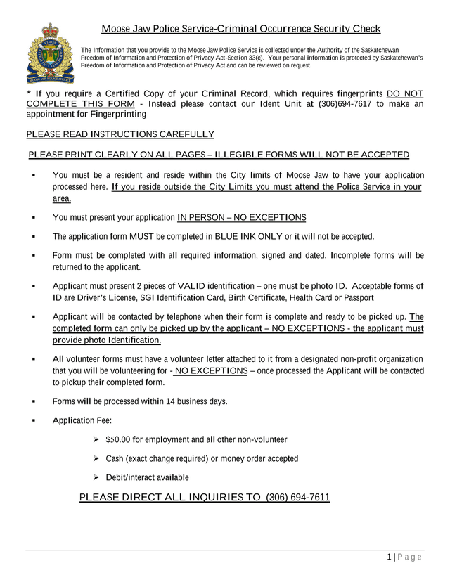 Moose Jaw Police Service Criminal Occurrence Security Check screenshot
