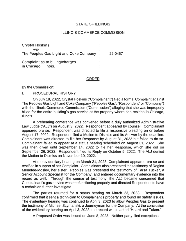 Complaint Order Crystal Hoskins Vs. The Peoples Gas Light And Coke Company screenshot