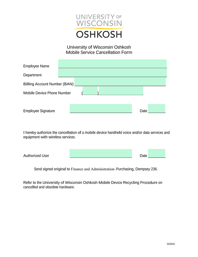 Mobile Service Cancellation Form screenshot