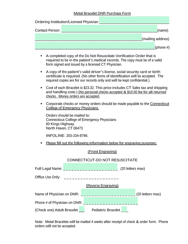 Metal Bracelet DNR Purchase Form screenshot