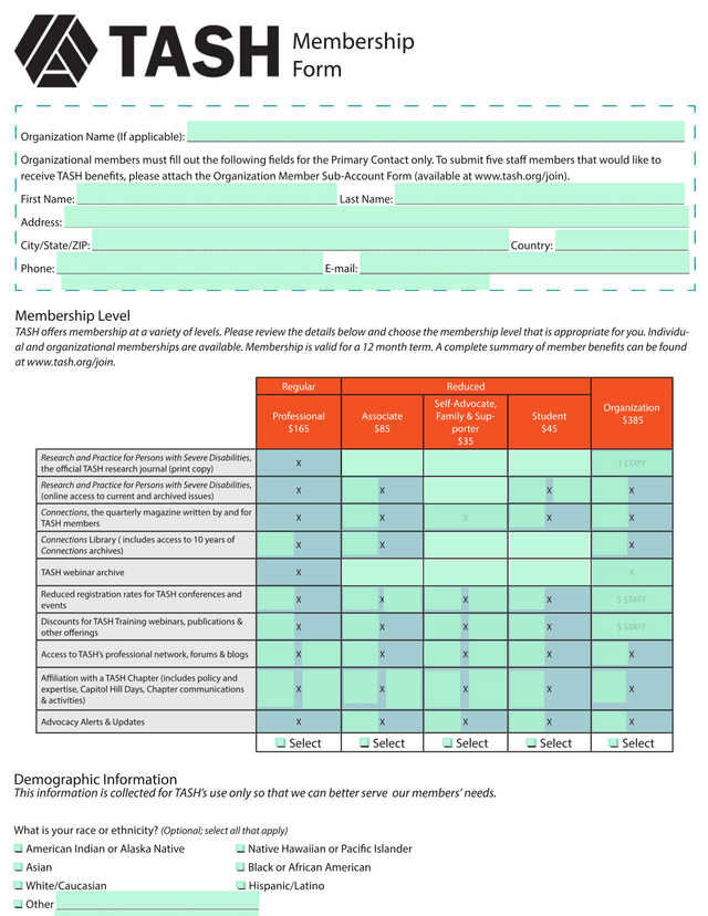 TASH Membership Form screenshot