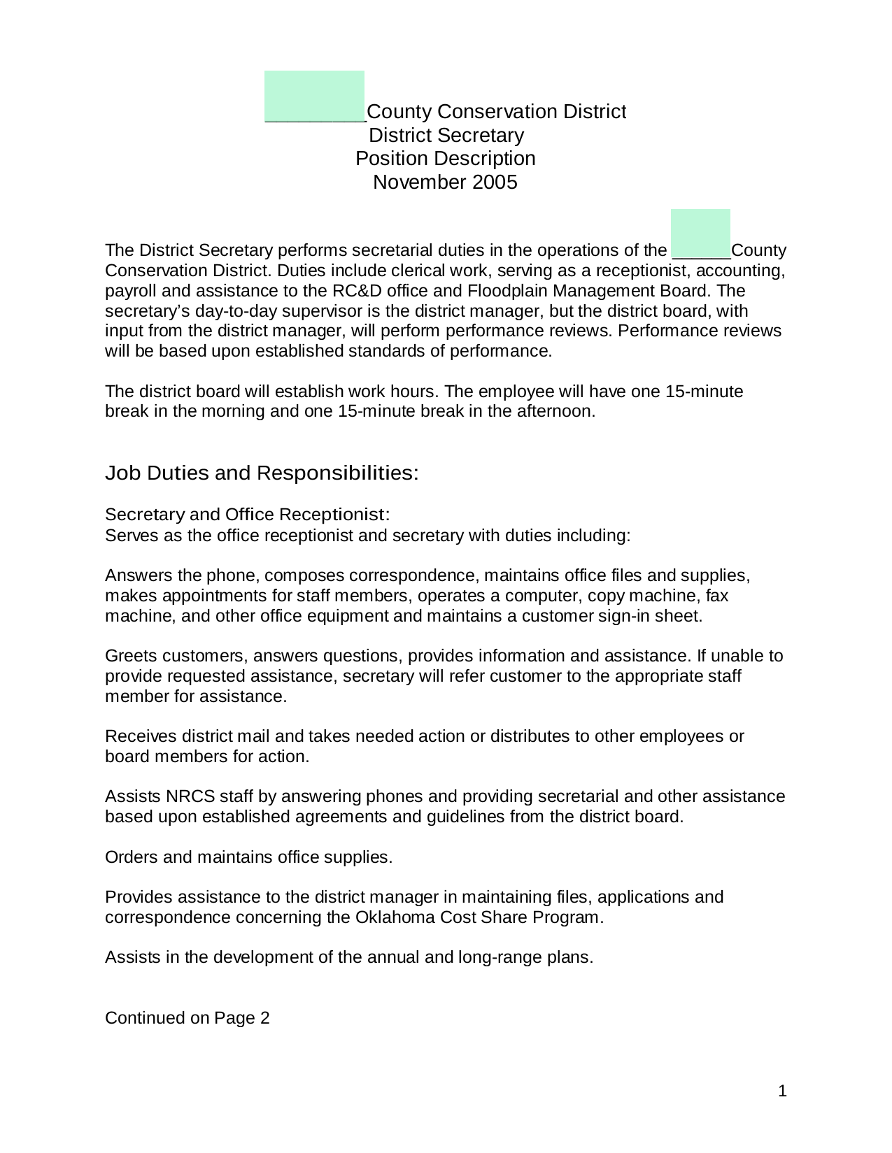 District Secretary Position Description screenshot