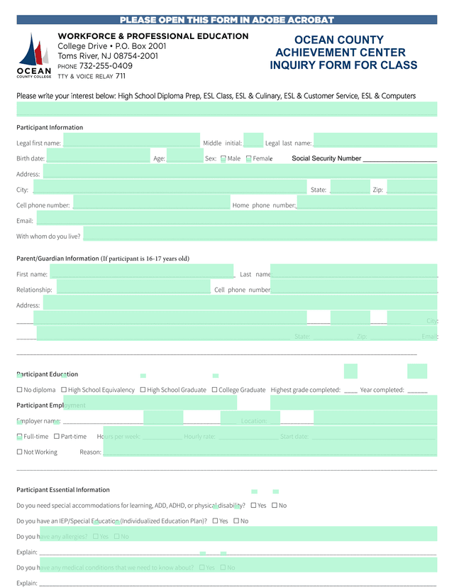 Ocean County Achievement Center Inquiry Form screenshot