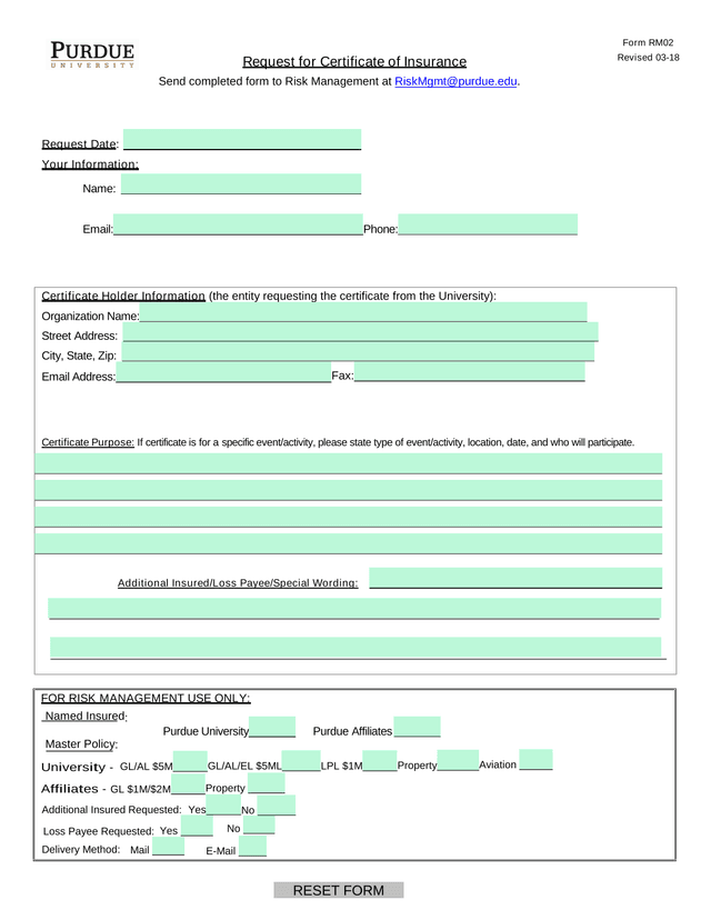 Request For Certificate Of Insurance screenshot