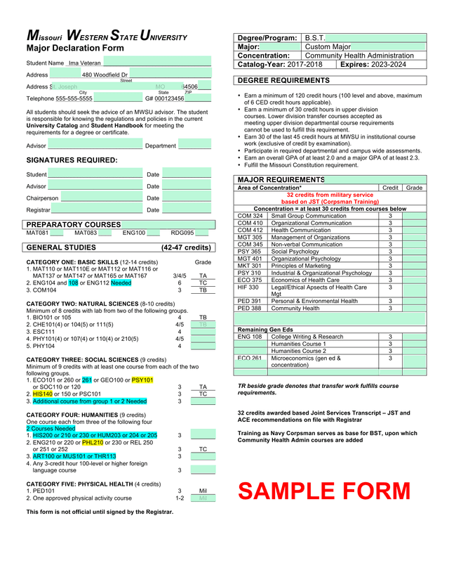 Missouri Western State University Major Declaration Form screenshot