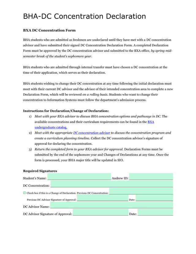 BHA DC Concentration Declaration screenshot