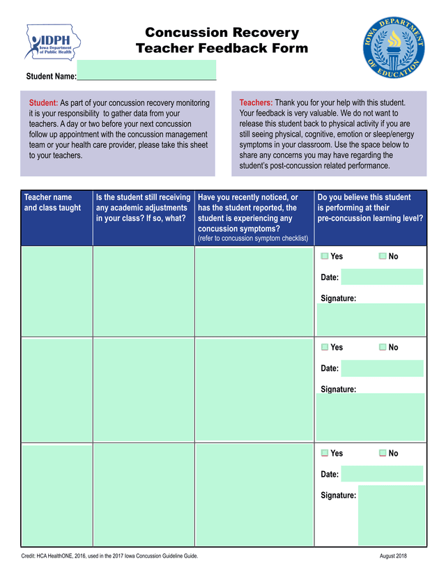Concussion Recovery Teacher Feedback Form screenshot