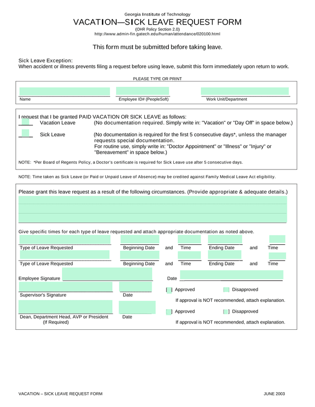 VACATIONSICK LEAVE REQUEST FORM screenshot