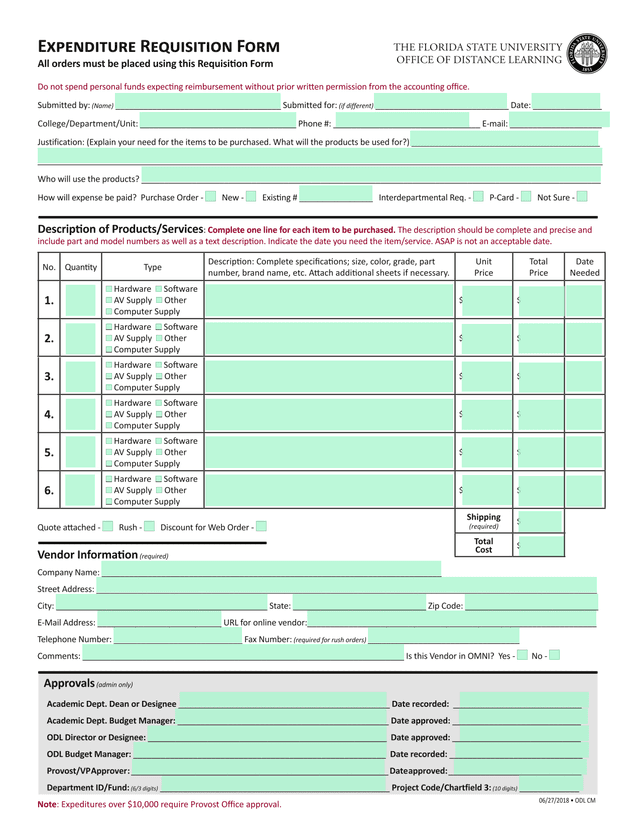 Expenditure Requisition Form screenshot