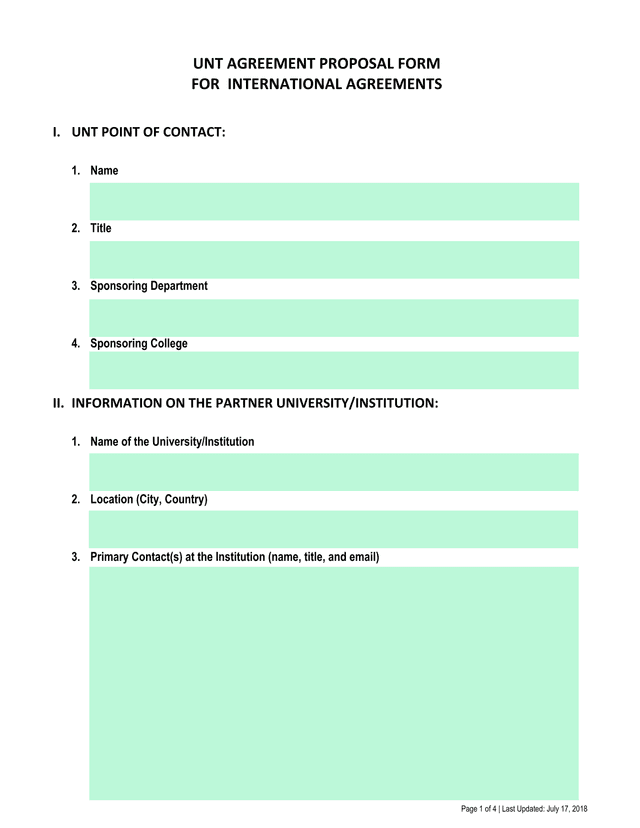 UNT Agreement Proposal Form For International Agreements screenshot