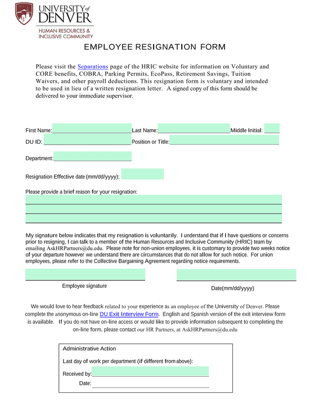 EMPLOYEE RESIGNATION FORM screenshot