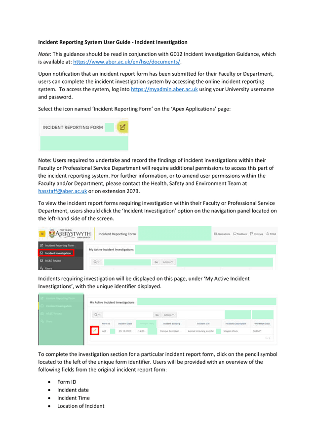 Incident Reporting System User Guide   Incident Investigation screenshot