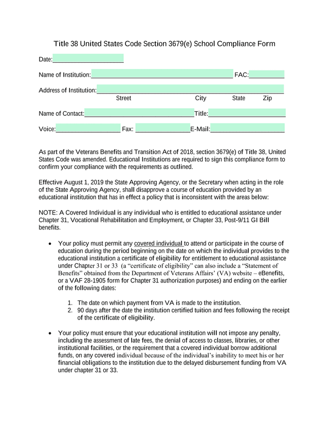 Title 38 United States Code Section 3679(E) School Compliance Form screenshot