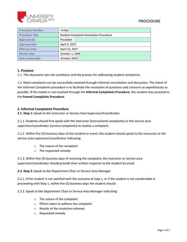 Student Complaint Resolution Procedure screenshot