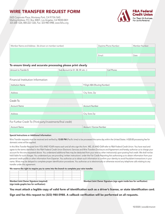 Wire Transfer Request Form screenshot