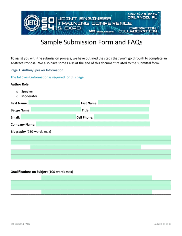 CFP Sample  FAQs screenshot