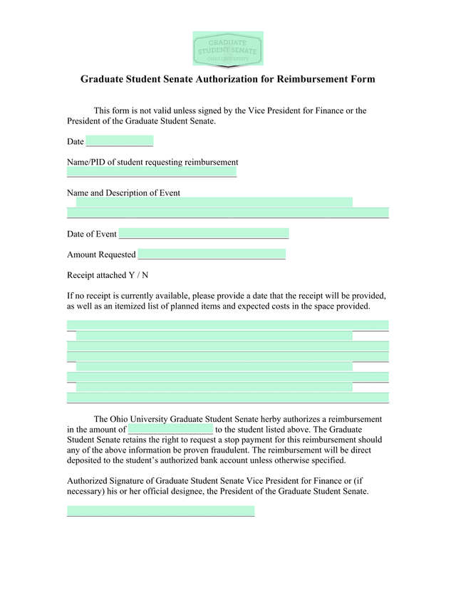 Graduate Student Senate Authorization For Reimbursement Form screenshot