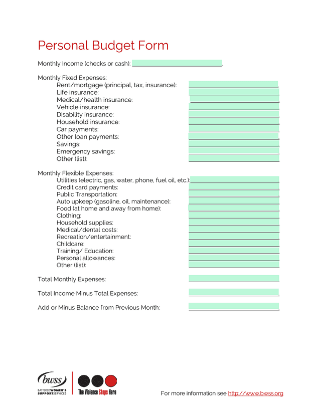 Personal Budget Form screenshot