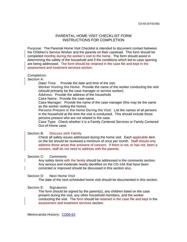 Parental Home Visit Checklist Form screenshot