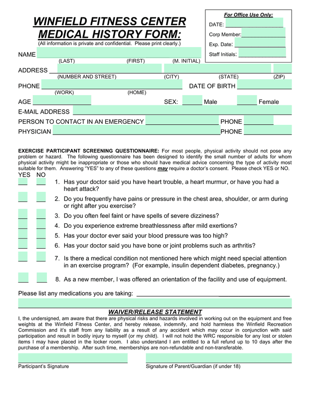 Winfield Fitness Center Medical History Form screenshot