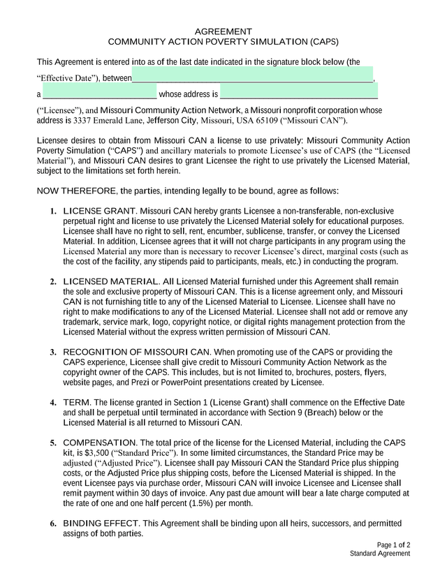 Community Action Poverty Simulation (CAPS) Agreement screenshot