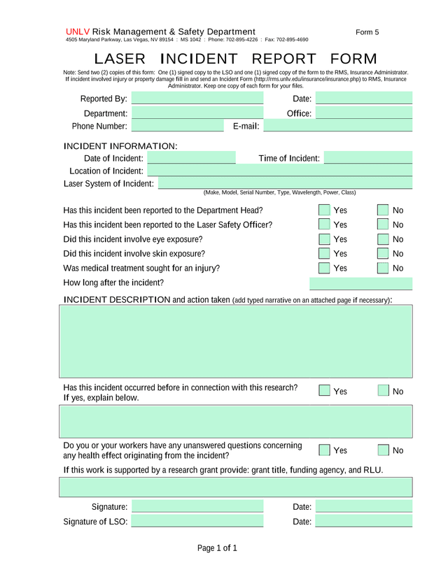 LASER INCIDENT REPORT FORM screenshot