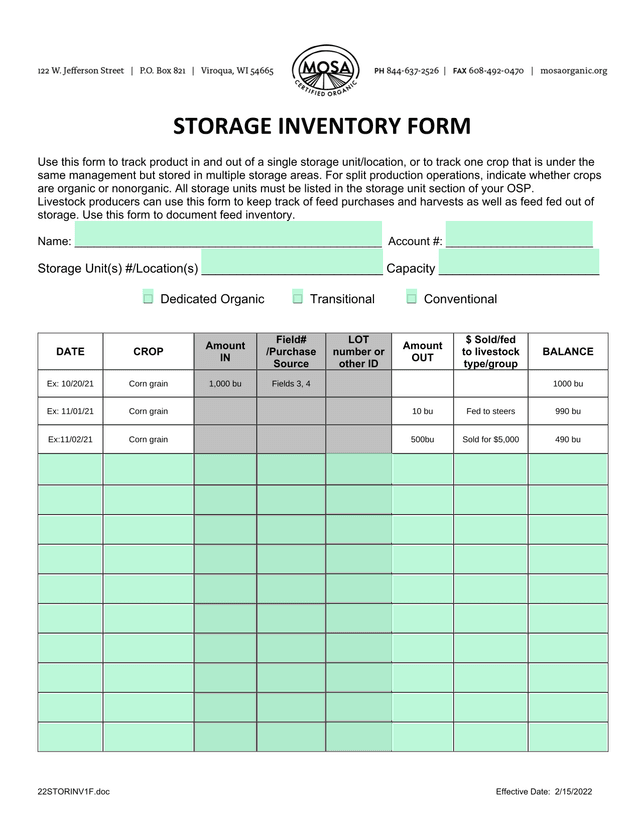 STORAGE INVENTORY FORM screenshot
