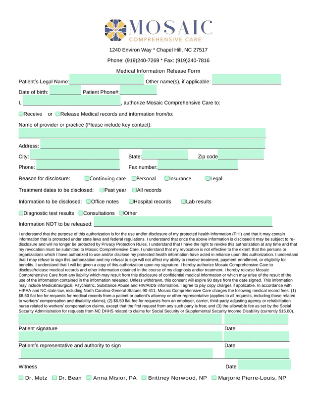Medical Information Release Form screenshot