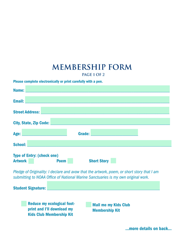 Ocean Guardian Kids Club Membership Form screenshot